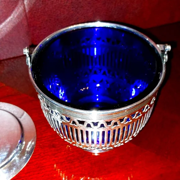 Reed & Barton Sugar Basket w/ Cobalt Blue Glass Insert and Lid